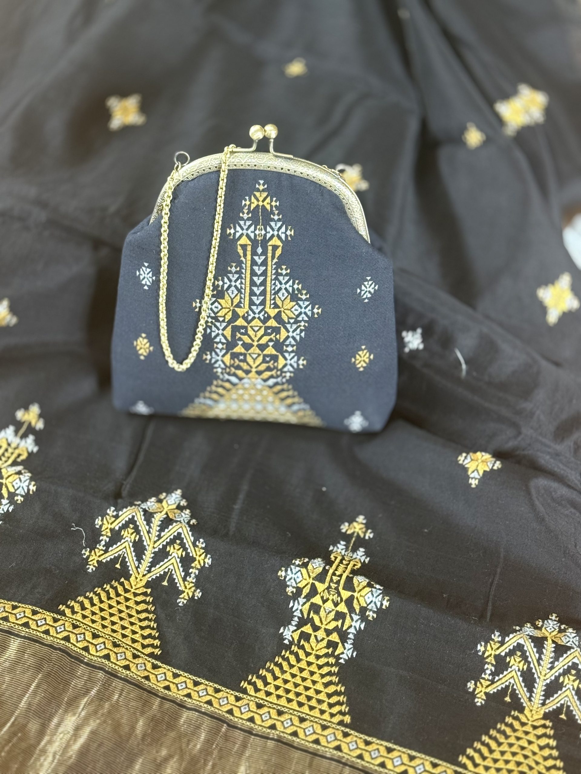 Black handbag with gold and silver counted-thread Suf embroidery