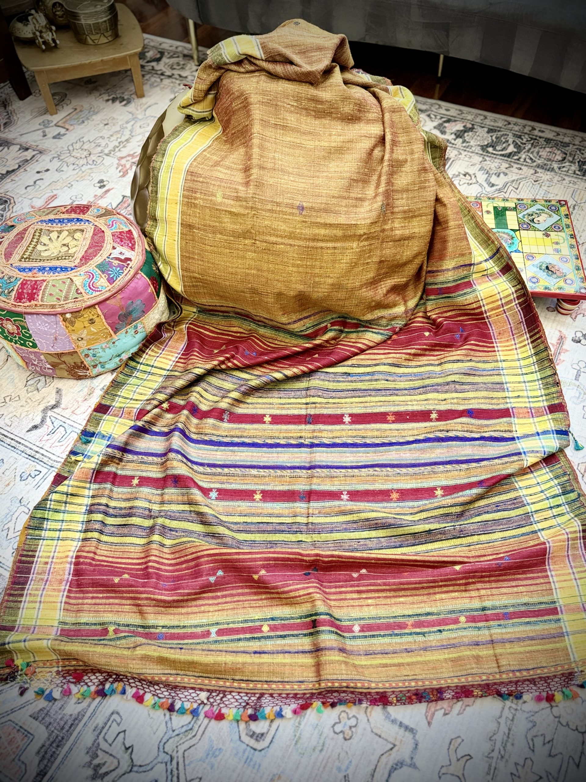 Brown Tussar Bhujodi saree with intricate multicolored pallu