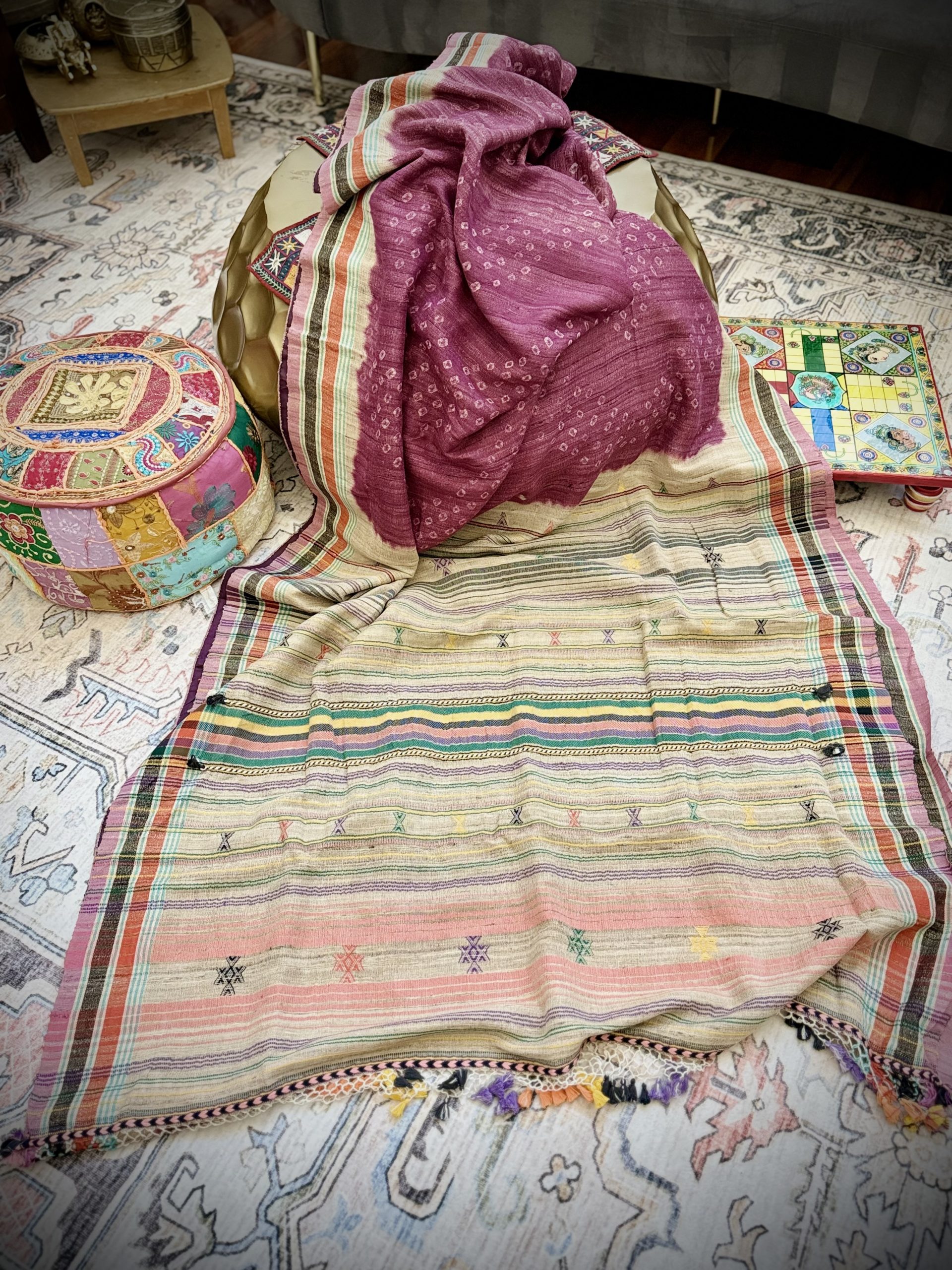 Purple Bandhani–Bhujodi saree with handwoven border and pallu