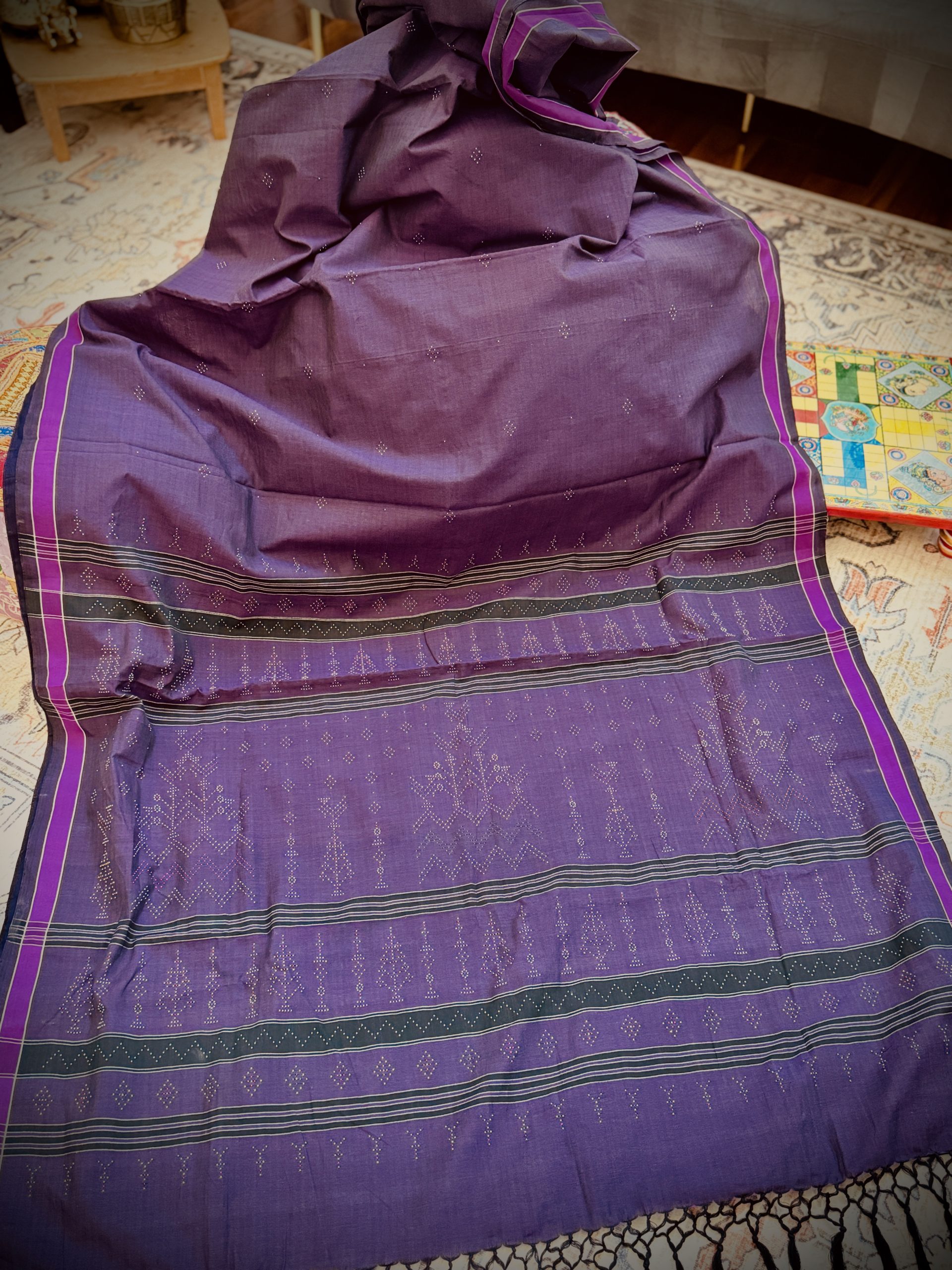 Purple cotton Tangaliya saree with bead-like woven motifs