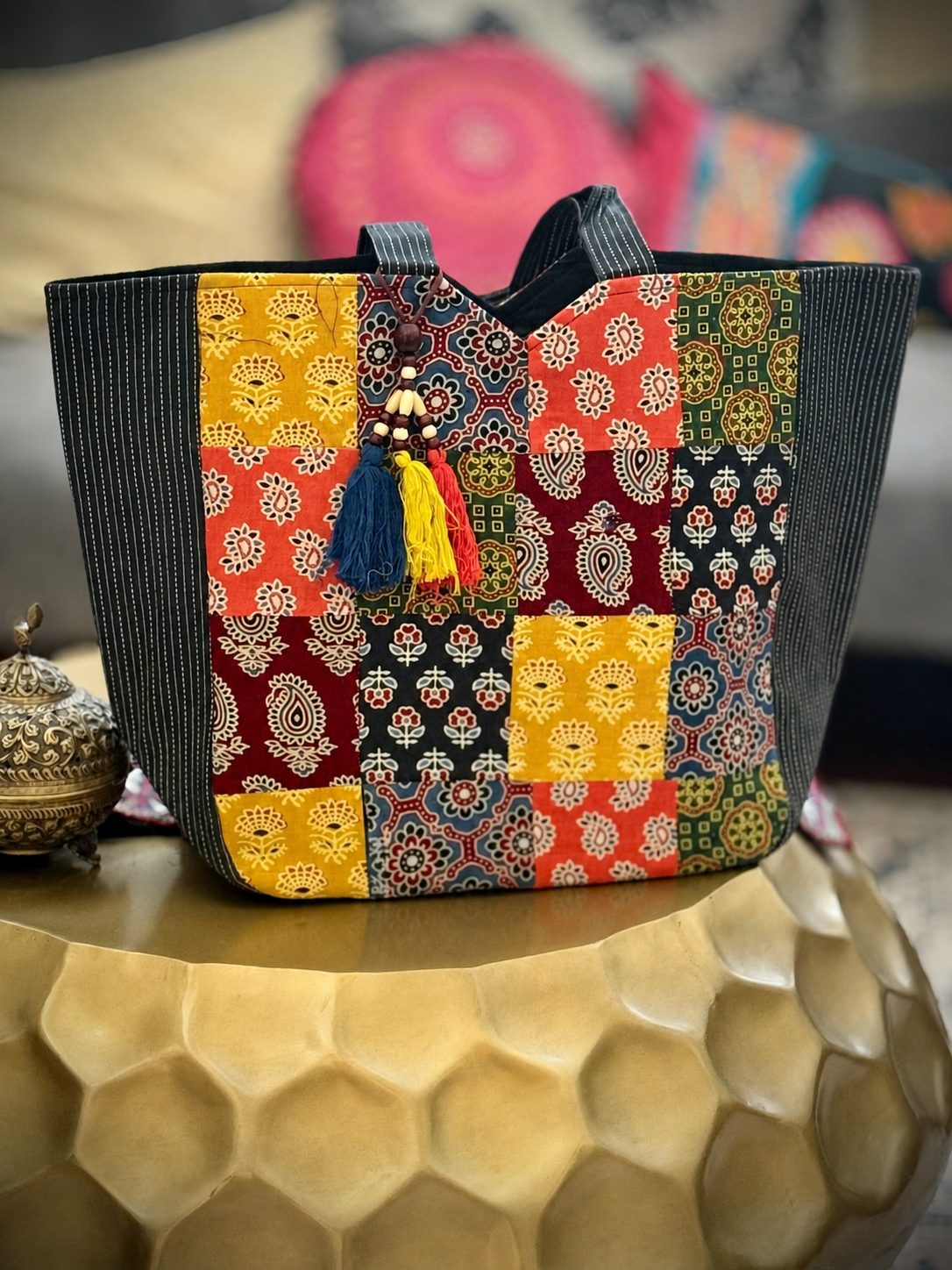 Handcrafted multicolour Ajrak tote bag