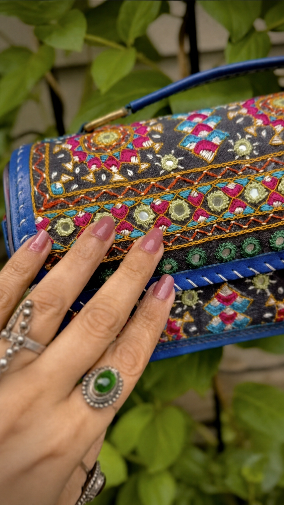 Hand-embroidered Kutch leather bag