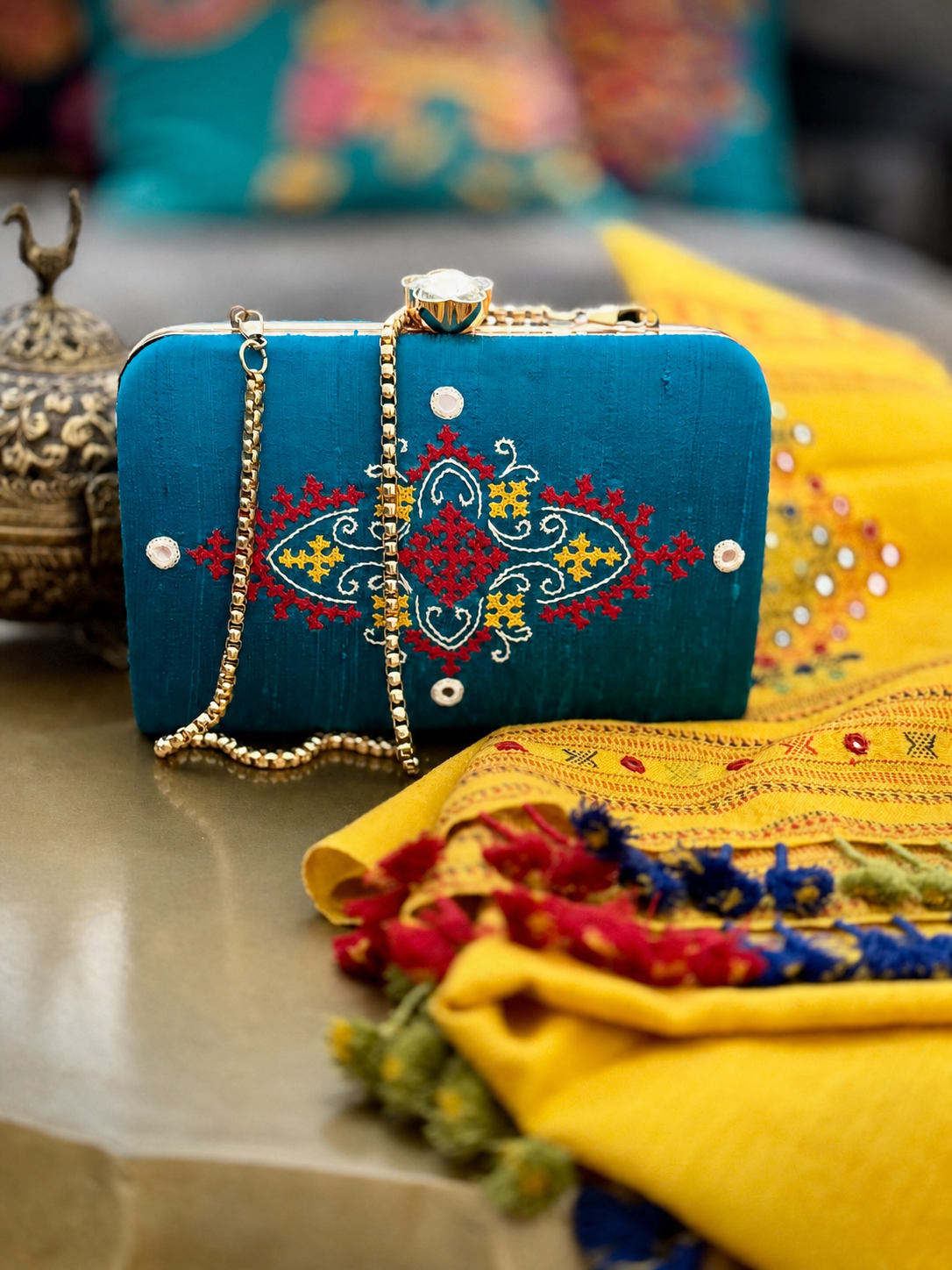 Blue handcrafted Kutchi embroidered frame handbag
