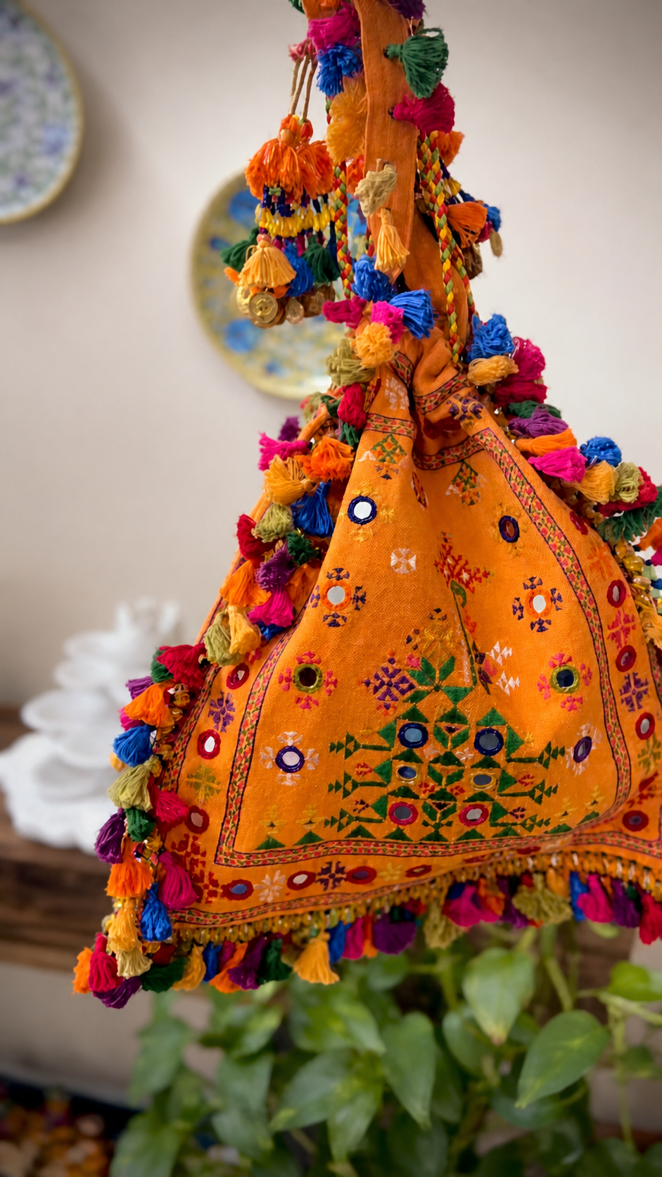 Oversized Soof embroidered potli with mirror work