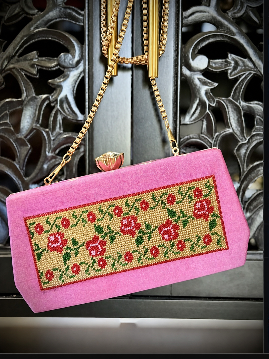 Pink raw-silk handbag with handwoven floral Moti work