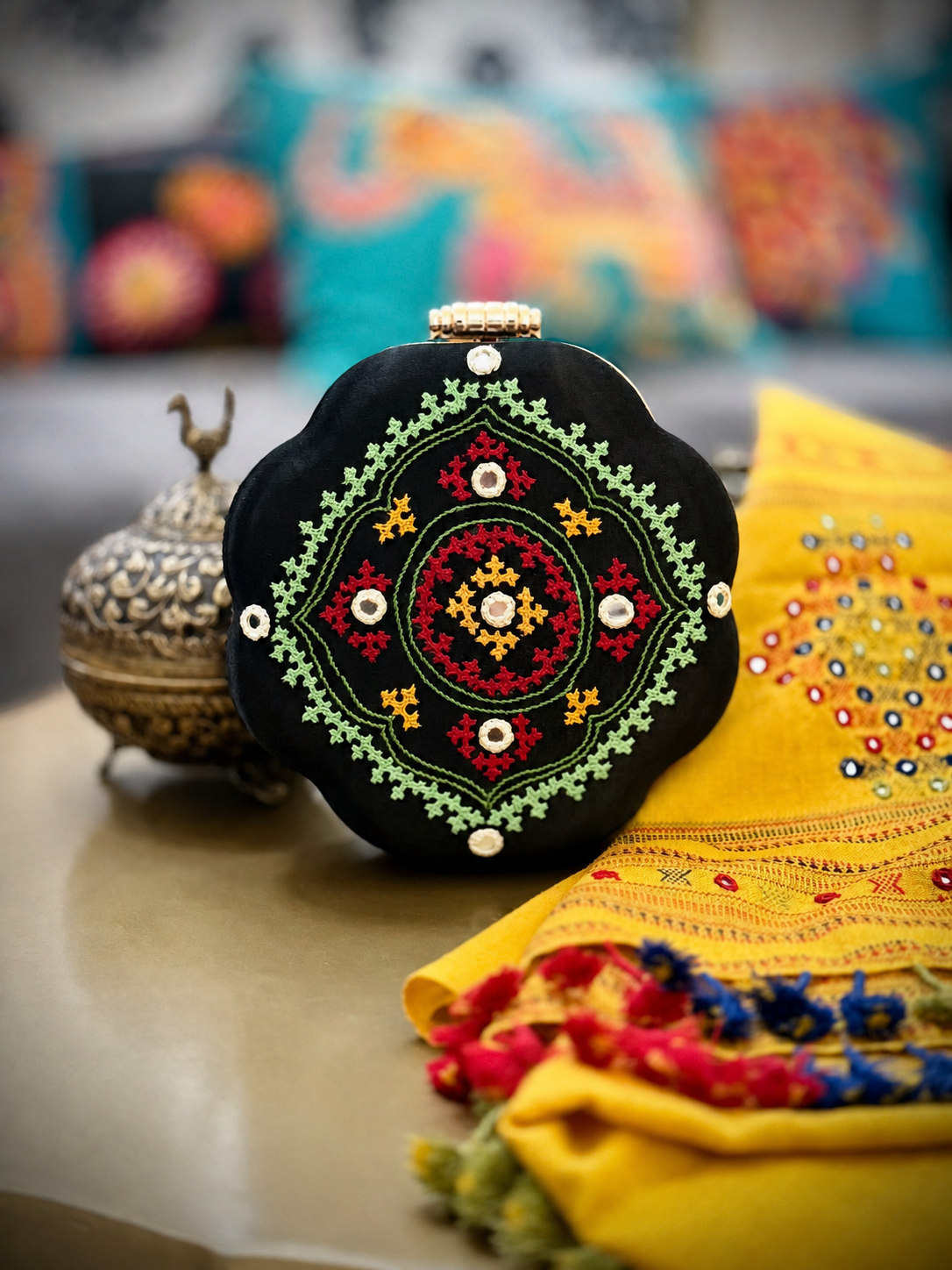 Black handcrafted Kutchi embroidered handbag