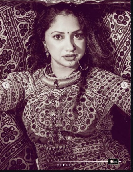 Vintage monochrome portrait in a Kutch embroidered chaniya choli