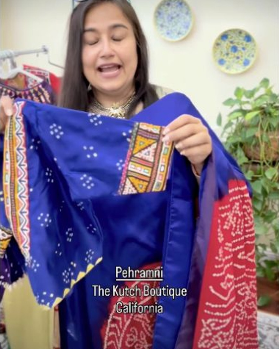 Blue and red Gajji silk hand-tied Bandhani saree